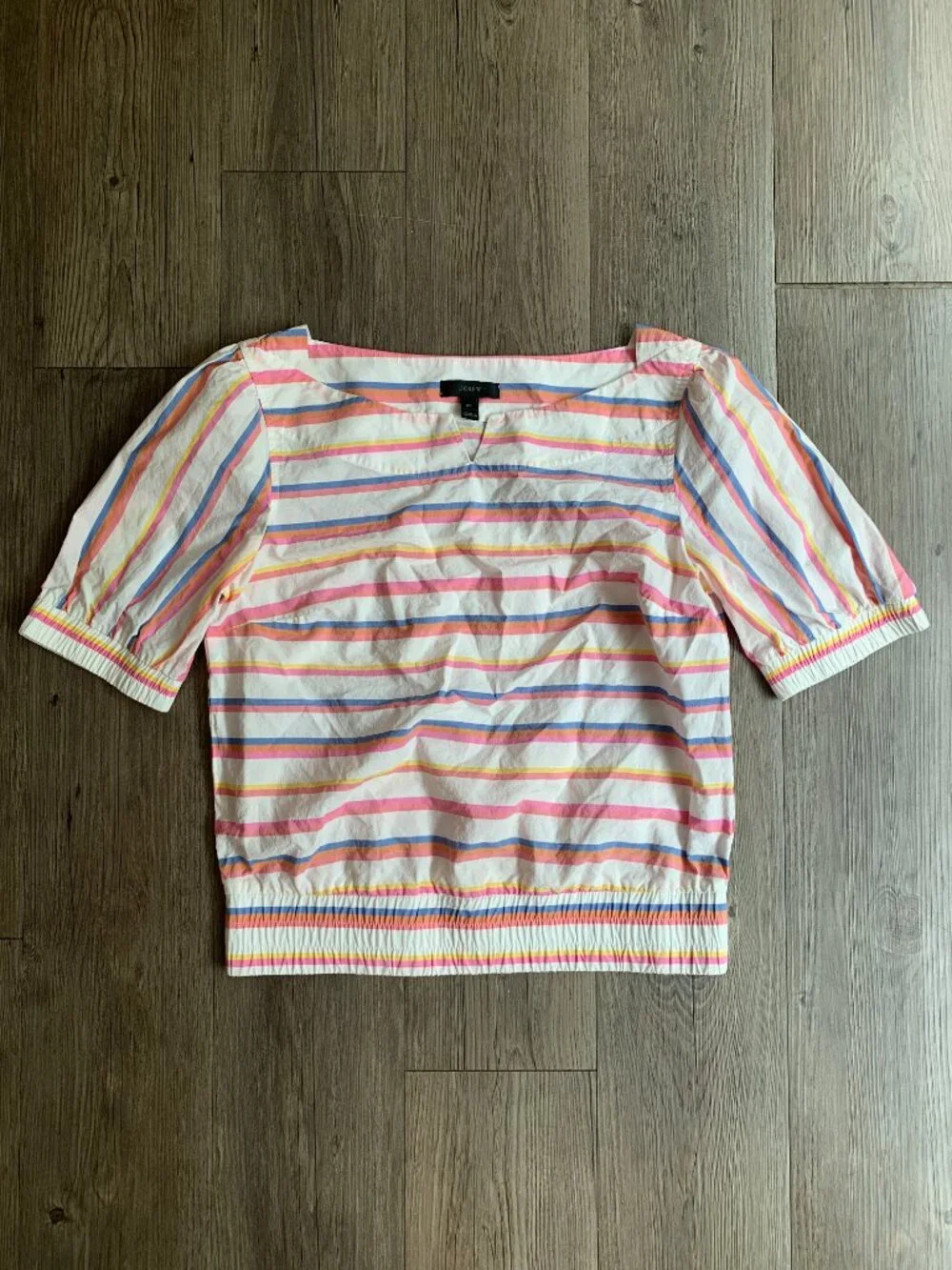 100% Cotton J.Crew Striped Poplin Blouse with Elastic Cuffs Cropped Size 2 Tall